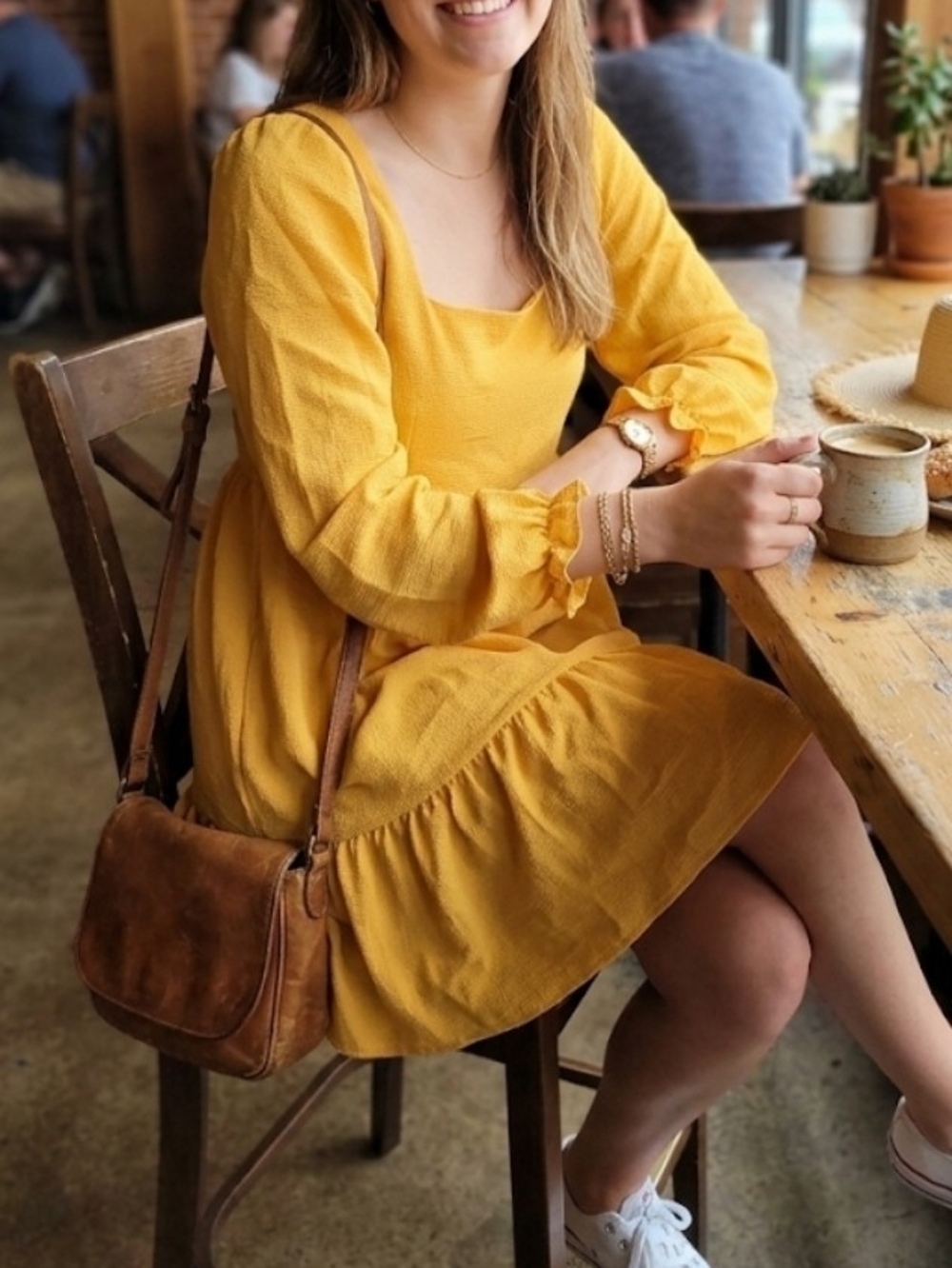 BCBG Paris Mustard Yellow Square-Neck Tiered Mini Dress NWT
